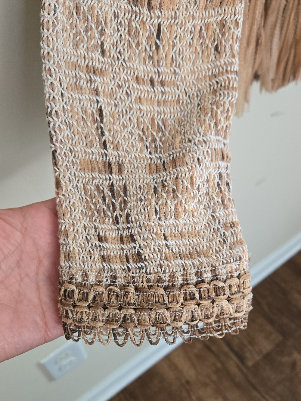 NIC+ZOE Tan Fringe Tweed Jacket Large Boho Textured Open Front Artisan Statement - Picture 3 of 9